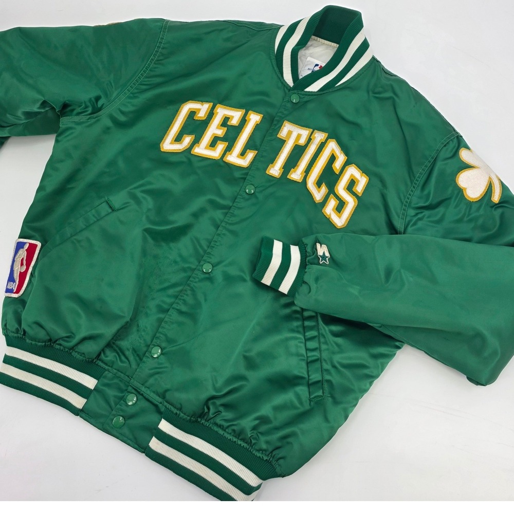VINTAGE 80S STARTER BOSTON CELTICS JACKET MENS‎ XL BOMBER GREEN SATIN EMBROIDED